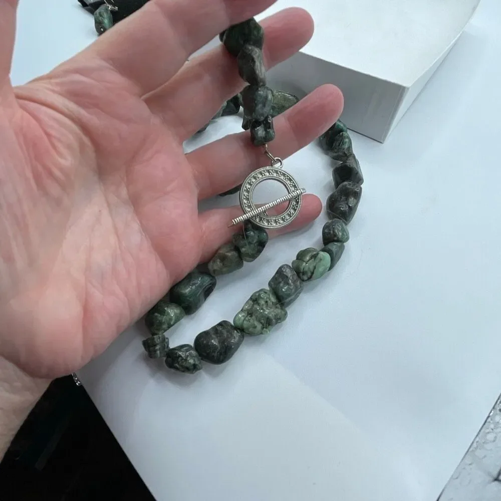 Vintage Natural boulder emerald beaded necklace & earrings